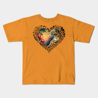 Exotic Ocelot in fantasy jungle, black lace heart Kids T-Shirt